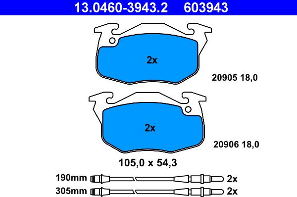 ATE 13.0460-3943.2 - Sada brzdových destiček, kotoučová brzda parts5.com