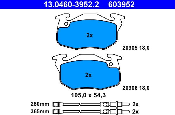 ATE 13.0460-3952.2 - Sada brzdových destiček, kotoučová brzda parts5.com