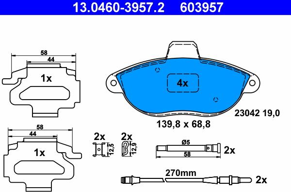 ATE 13.0460-3957.2 - Komplet zavornih oblog, ploscne (kolutne) zavore parts5.com