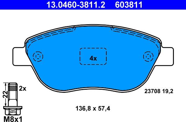 ATE 13.0460-3811.2 - Komplet kočnih obloga, disk kočnica parts5.com