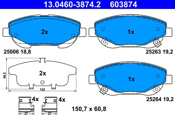 ATE 13.0460-3874.2 - Komplet kočnih obloga, disk kočnica parts5.com