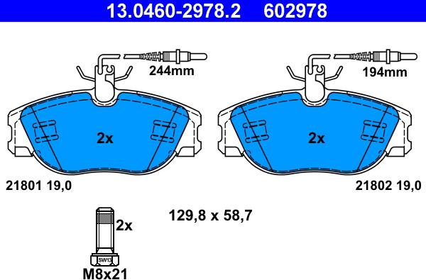 ATE 13.0460-2978.2 - Komplet zavornih oblog, ploscne (kolutne) zavore parts5.com