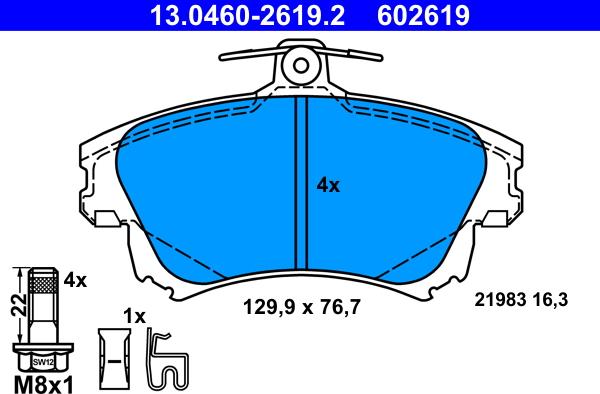 ATE 13.0460-2619.2 - Komplet zavornih oblog, ploscne (kolutne) zavore parts5.com