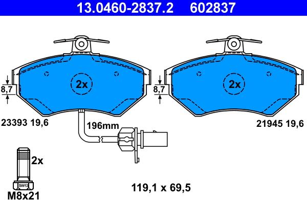 ATE 13.0460-2837.2 - Kit de plaquettes de frein, frein à disque parts5.com