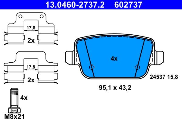 ATE 13.0460-2737.2 - Komplet zavornih oblog, ploscne (kolutne) zavore parts5.com