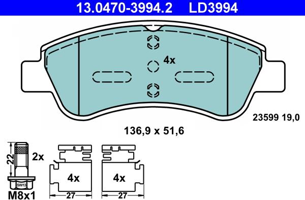 ATE 13.0470-3994.2 - Komplet kočnih obloga, disk kočnica parts5.com