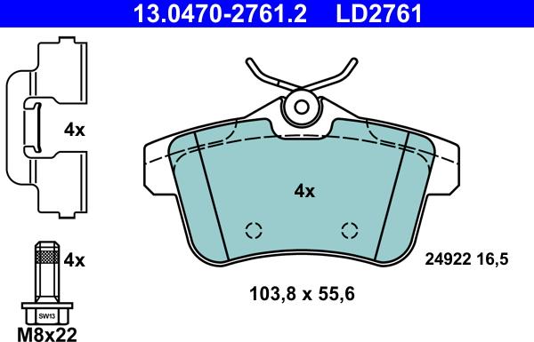 ATE 13.0470-2761.2 - Тормозные колодки, дисковые, комплект parts5.com