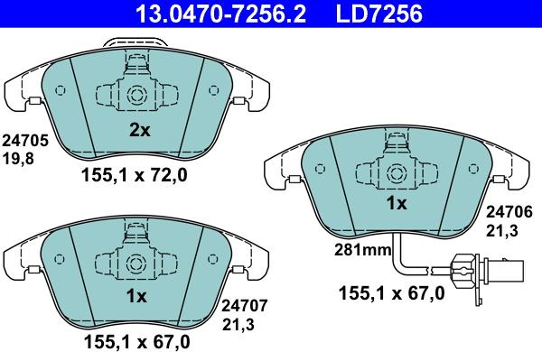 ATE 13.0470-7256.2 - Set placute frana,frana disc parts5.com