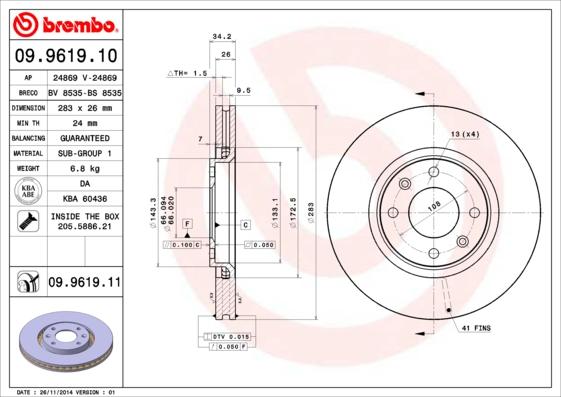 Brembo 09.9619.11 - Brzdový kotúč parts5.com