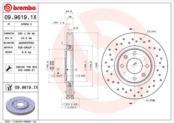 Brembo 09.9619.1X - Brzdový kotúč parts5.com