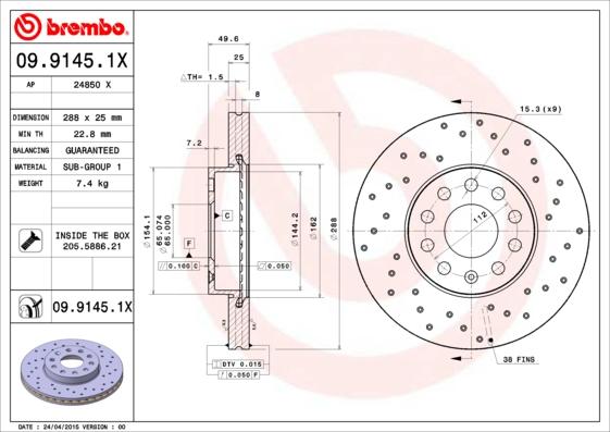 Brembo 09.9145.1X - Δισκόπλακα parts5.com