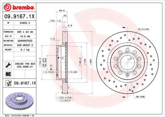 Brembo 09.9167.1X - Brzdový kotúč parts5.com