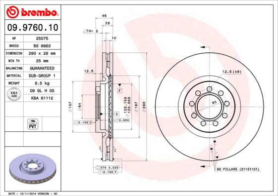 Brembo 09.9760.10 - Спирачен диск parts5.com