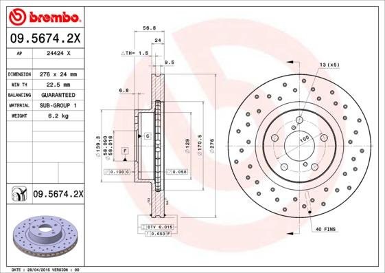 Brembo 09.5674.2X - Δισκόπλακα parts5.com