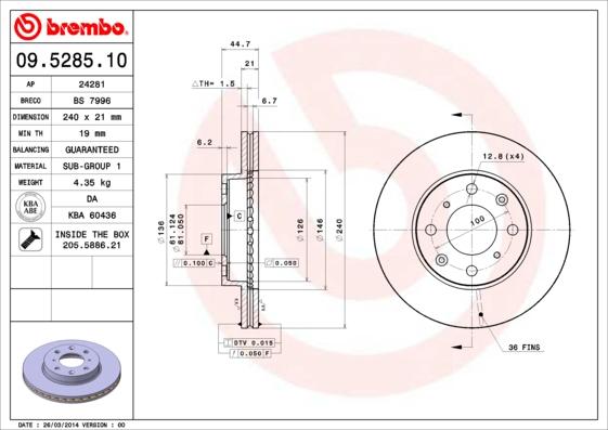 Brembo 09.5285.11 - Tarcza hamulcowa parts5.com