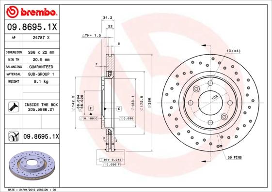 Brembo 09.8695.1X - Brzdový kotúč parts5.com