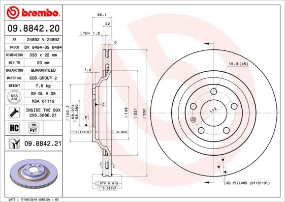 Brembo 09.8842.21 - Brake Disc parts5.com