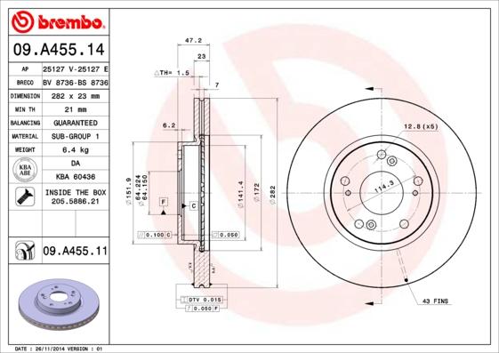 Brembo 09.A455.11 - Féktárcsa parts5.com