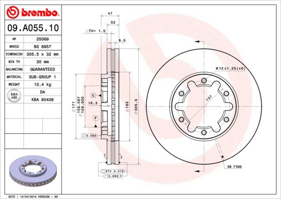 Brembo 09.A055.10 - Féktárcsa parts5.com