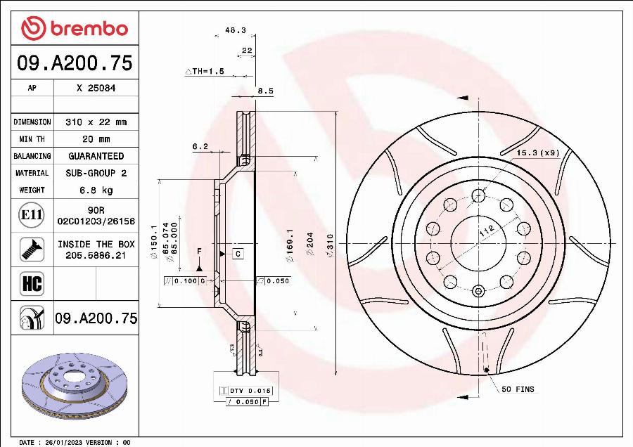 Brembo 09.A200.75 - Brzdový kotúč parts5.com