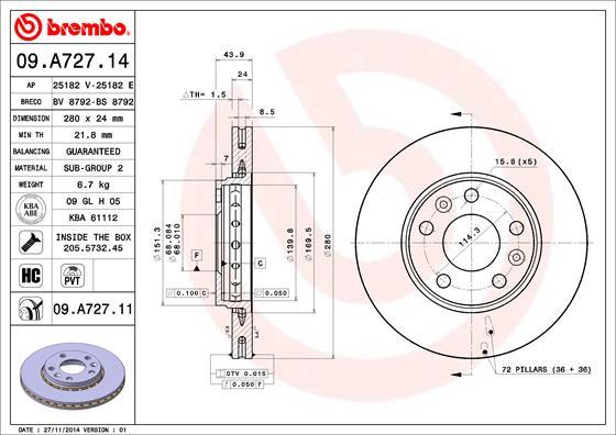 Brembo 09.A727.11 - Tarcza hamulcowa parts5.com