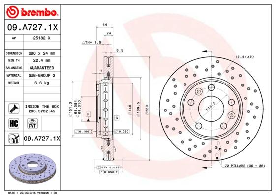 Brembo 09.A727.1X - Tarcza hamulcowa parts5.com