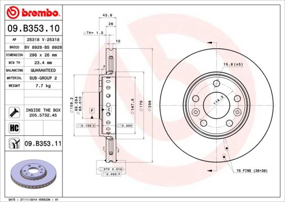 Brembo 09.B353.11 - Brzdový kotouč parts5.com