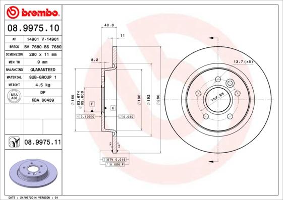 Brembo 08.9975.11 - Тормозной диск parts5.com