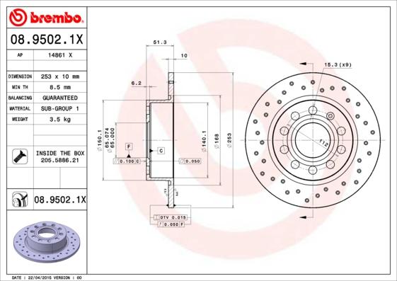 Brembo 08.9502.1X - Fren diski parts5.com