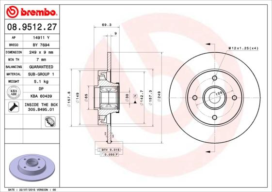 Brembo 08.9512.27 - Zavorni kolut parts5.com