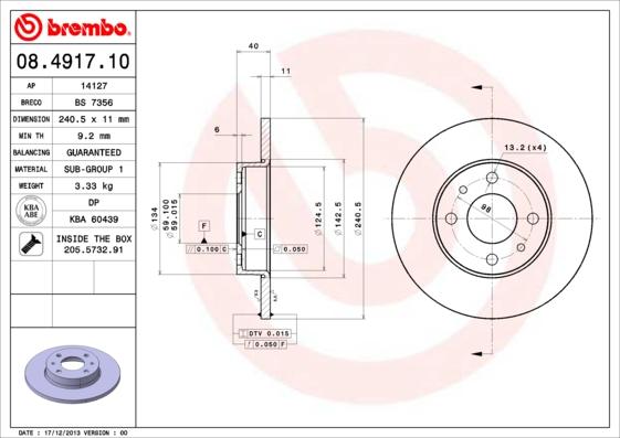 Brembo 08.4917.10 - Тормозной диск parts5.com