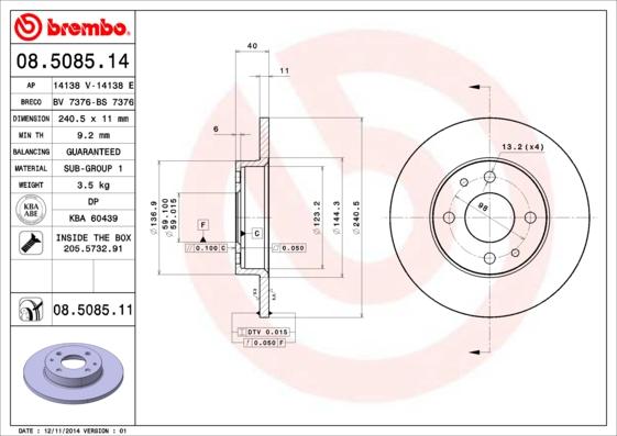 Brembo 08.5085.11 - Тормозной диск parts5.com