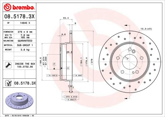 Brembo 08.5178.3X - Δισκόπλακα parts5.com