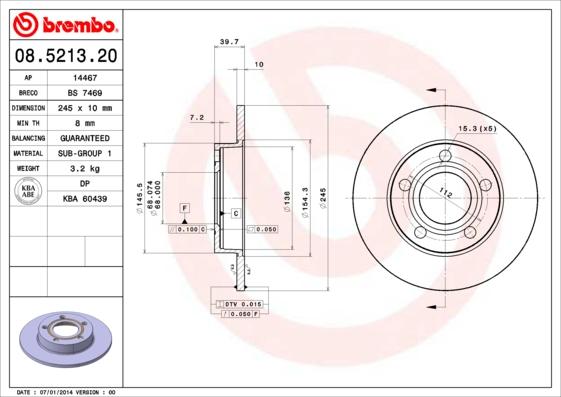 Brembo 08.5213.20 - Tarcza hamulcowa parts5.com