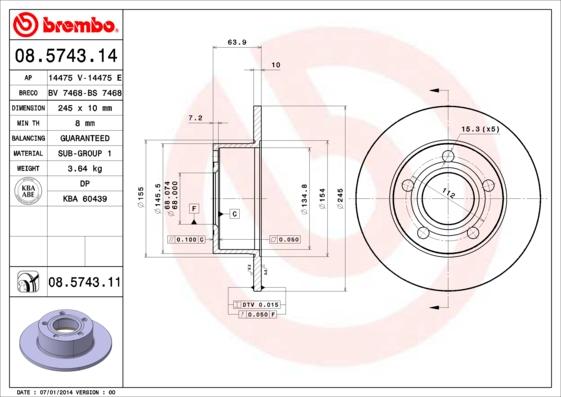 Brembo 08.5743.11 - Δισκόπλακα parts5.com