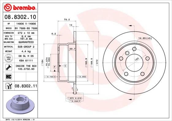 Brembo 08.8302.11 - Brake Disc parts5.com