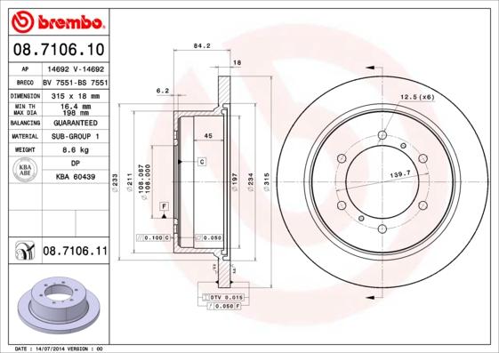 Brembo 08.7106.11 - Brake Disc parts5.com