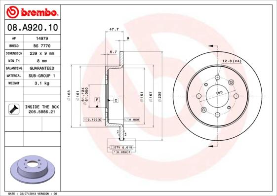 Brembo 08.A920.10 - Disco de freno parts5.com