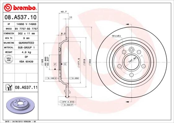 Brembo 08.A537.11 - Brzdový kotúč parts5.com