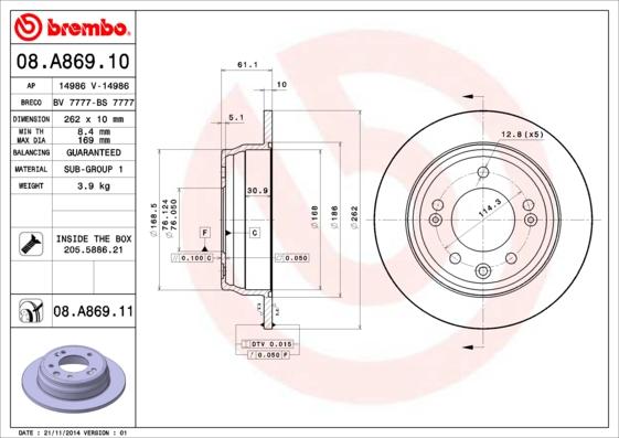 Brembo 08.A869.11 - Disc frana parts5.com