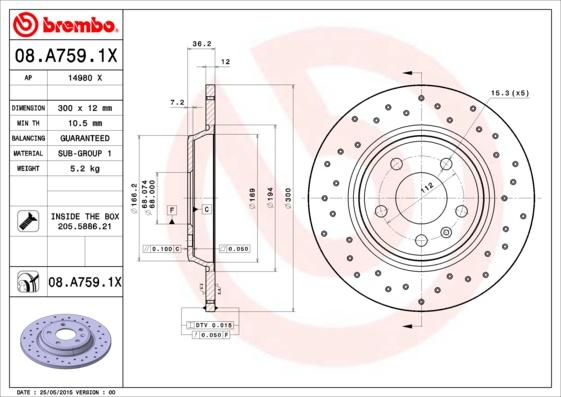 Brembo 08.A759.1X - Disco de freno parts5.com