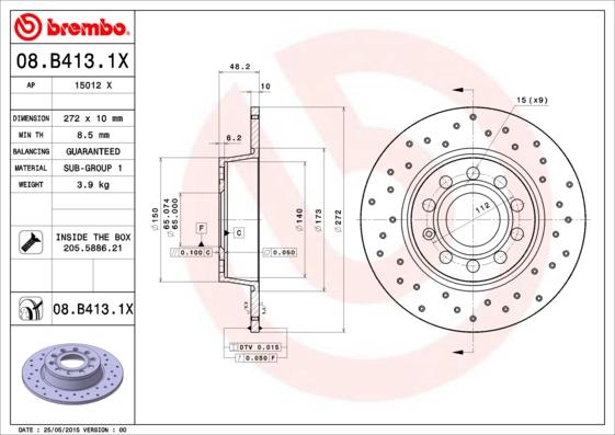 Brembo 08.B413.1X - Спирачен диск parts5.com