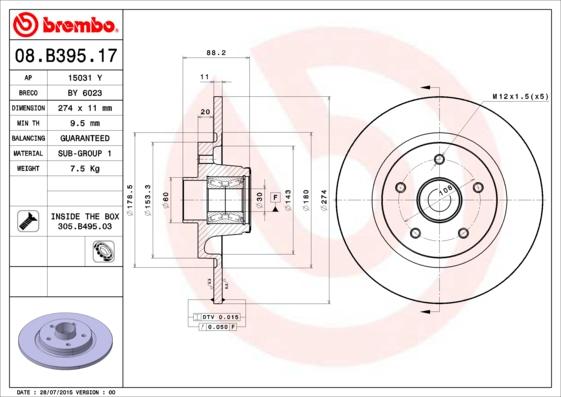 Brembo 08.B395.17 - Féktárcsa parts5.com