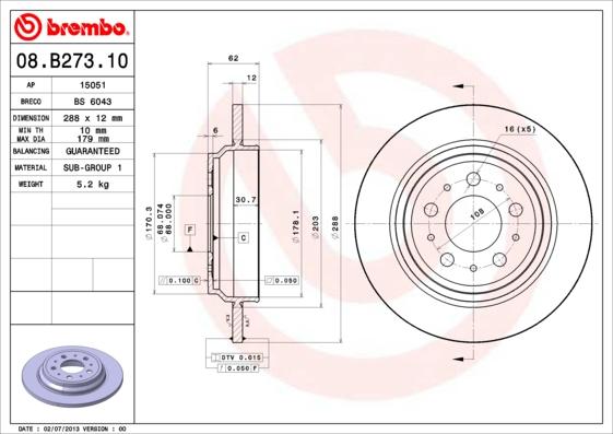 Brembo 08.B273.10 - Disc frana parts5.com