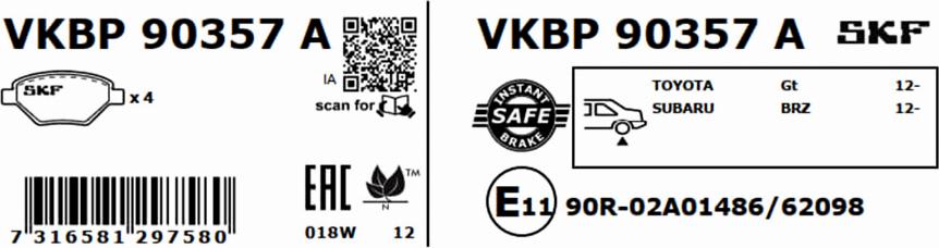 SKF VKBP 90357 A - Fren balata seti, diskli fren parts5.com