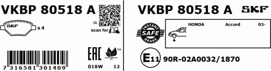 SKF VKBP 80518 A - Komplet pločica, disk-kočnica parts5.com