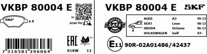 SKF VKBP 80004 E - Sada brzdových platničiek kotúčovej brzdy parts5.com