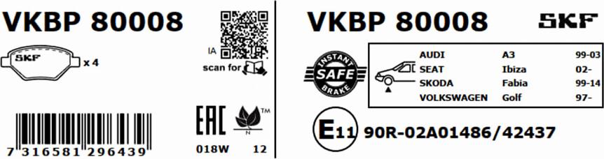 SKF VKBP 80008 - Fékbetétkészlet, tárcsafék parts5.com