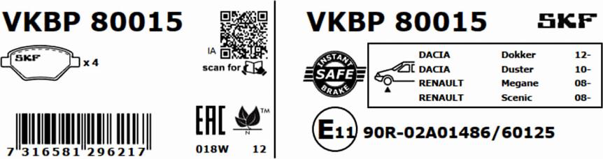 SKF VKBP 80015 - Komplet zavornih oblog, ploscne (kolutne) zavore parts5.com