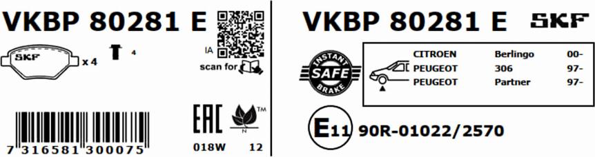 SKF VKBP 80281 E - Sada brzdových destiček, kotoučová brzda parts5.com